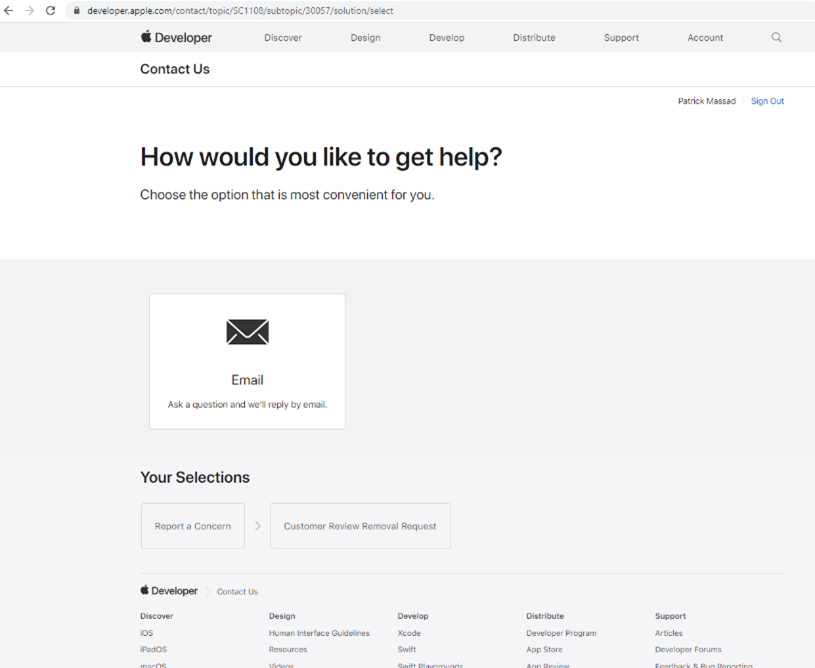 Apple app page for email reporting of review